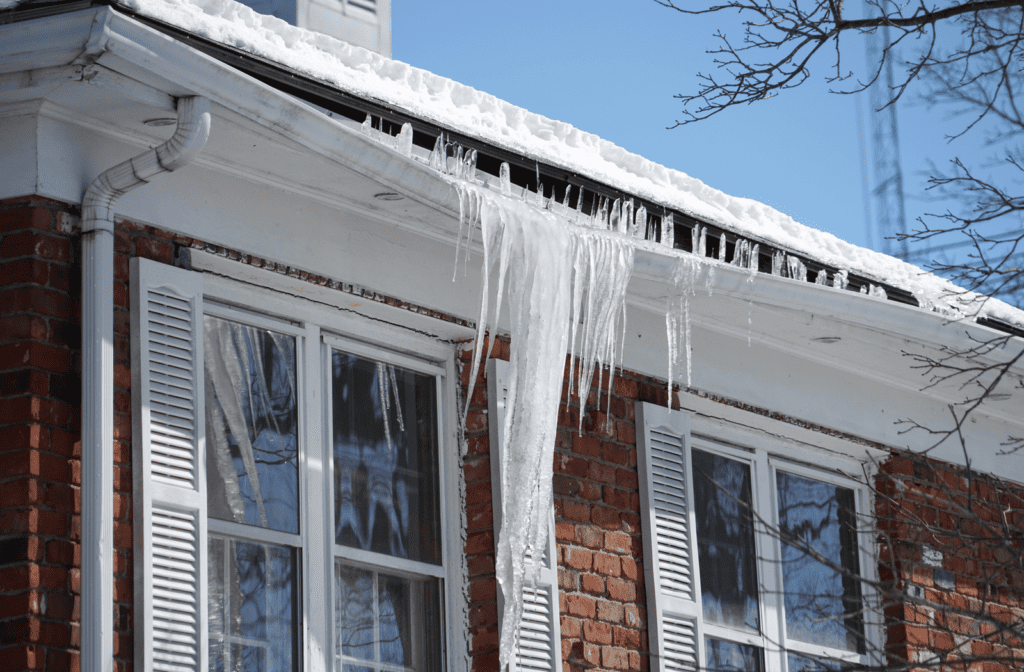 Ice dam forming on roof of house and pulling down gutter