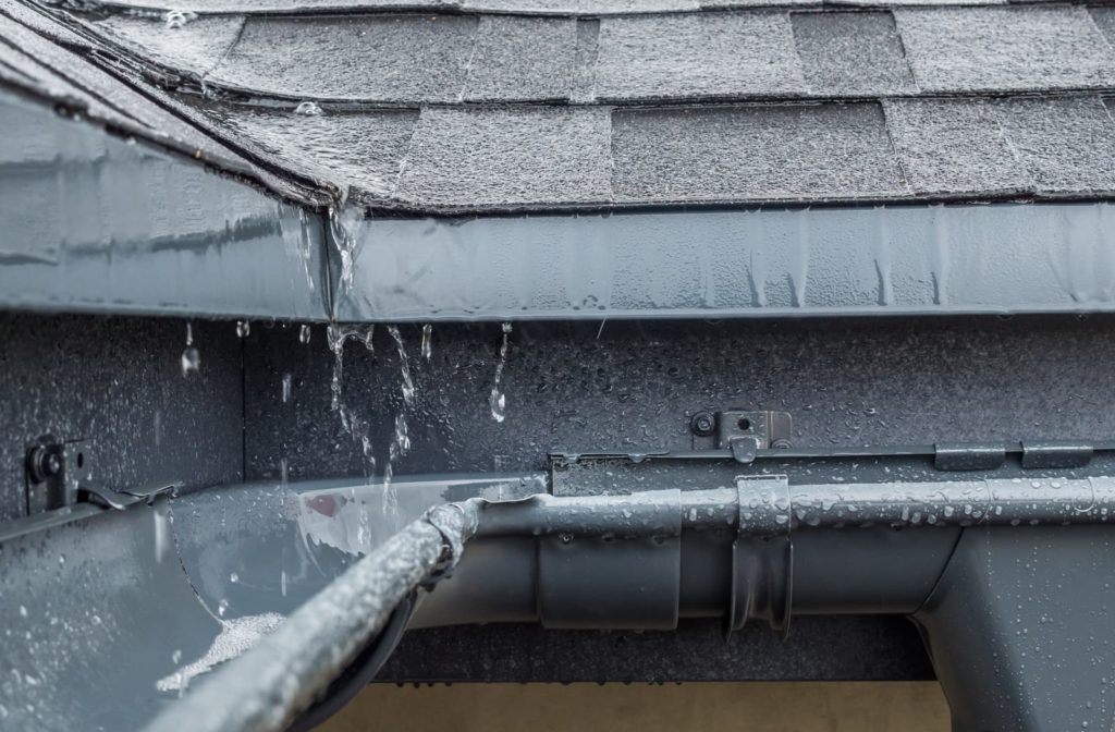 A leaky gutter dripping water off a roof