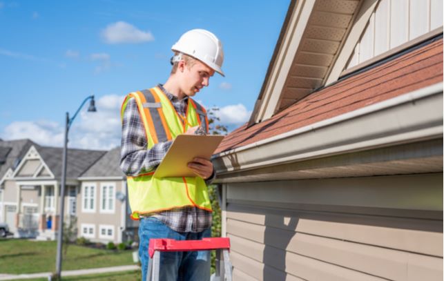 Young worker conducting roof inspection for maintenance of roof