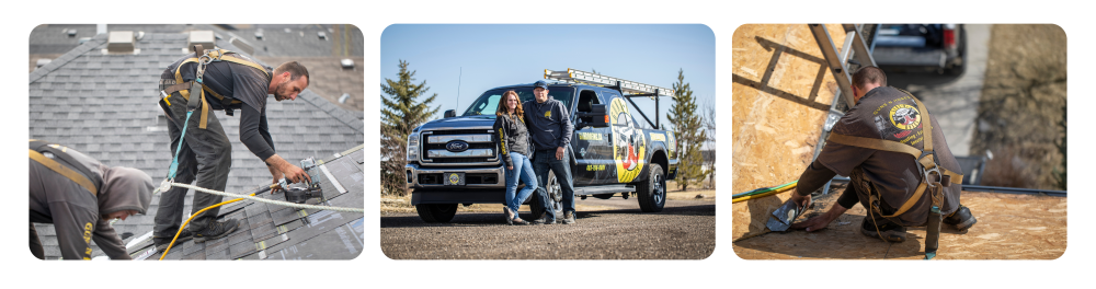 ALT Text - Three photos of the Guns N Hoses team working on roofs and by their branded truck.