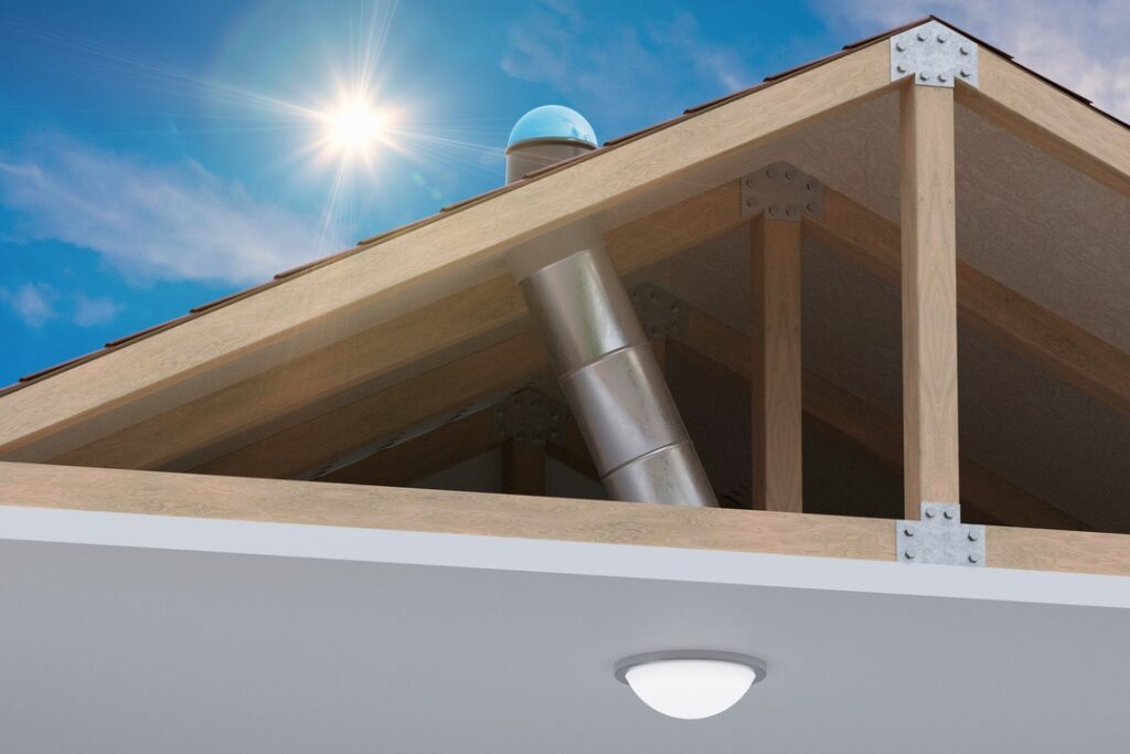 Sunlite light tube system for transporting natural daylight from roof into room. 3D rendered illustration.