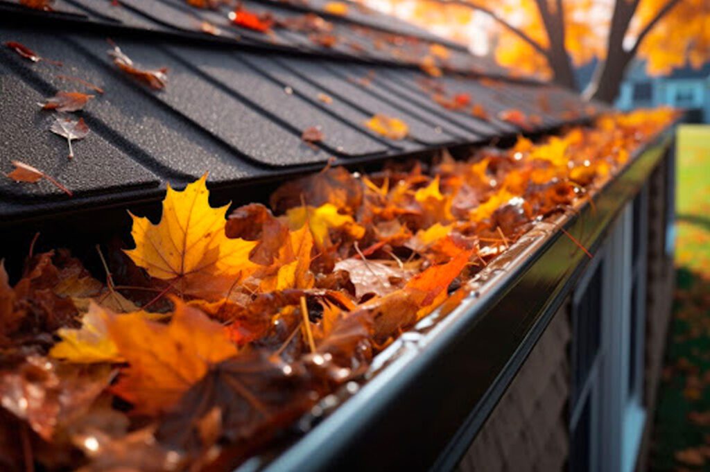 Gutter of Calgary home in Fall with leaves in it
