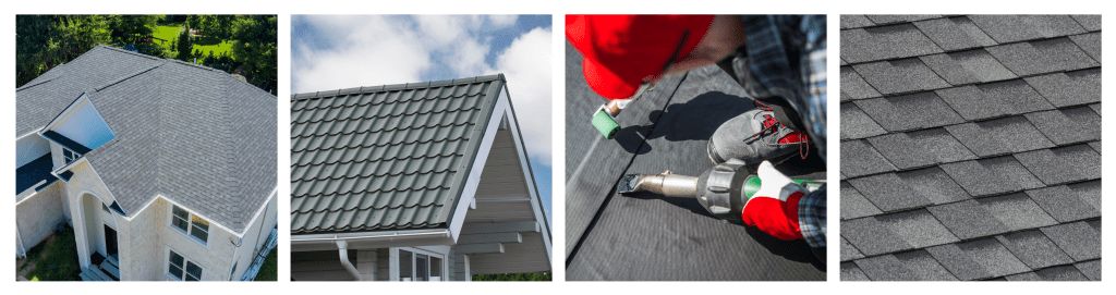 Four photographs showcasing the affordable, durable, and modern materials at Guns and Hoses.

1. An aerial view of asphalt shingles.

2. An image of metal roof tiles, highlighting modern coatings for house roofs.

3. An image of a roofer using a heater device to apply rubber roof covering.

4. An image of grey and black roof shingles, showing their texture and pattern.