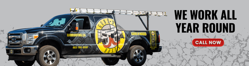 An image of a Guns N Hoses roofing work truck with the company logo and a ladder on top. The background is grey with a gravel texture, featuring a headline in black text that reads "WE WORK ALL YEAR ROUND" and a red CTA button that reads "CALL NOW".