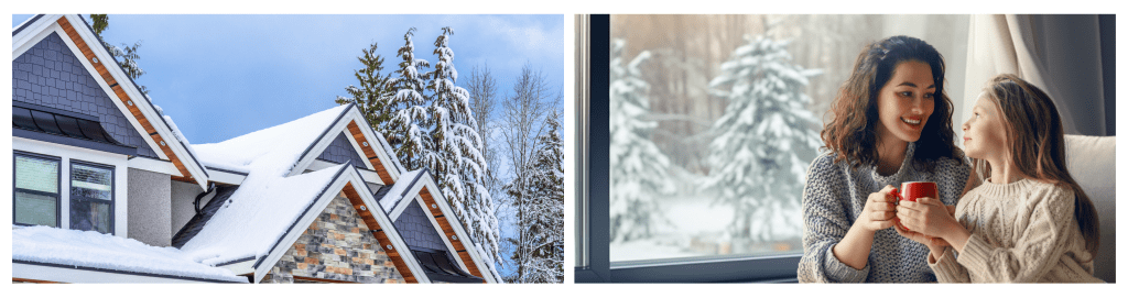 The top of a home in winter with a snow-covered roof and snow-covered trees against a blue sky. A mother and daughter are hugging and enjoying hot beverages indoors, sitting by a window with a winter landscape outside.