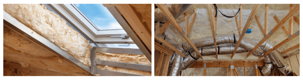 A view from below of a close-up skylight window in an attic, featuring environmentally friendly and energy-efficient thermal insulation made of rock wool.

An attic featuring fiberglass cold barrier and insulation material for enhanced energy efficiency.