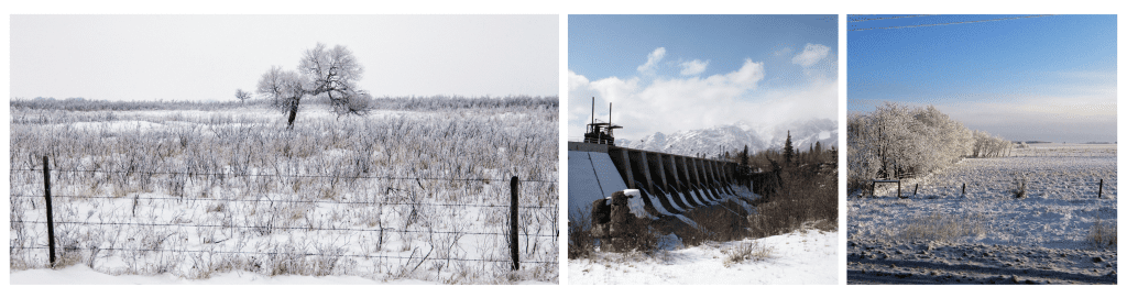 Alberta plains during extreme winter temperatures with scenic prairie views.

Powerful hydroelectric dam in the heart of the Rocky Mountains.

Snow-covered fields under a bright blue sky on the Canadian prairies during winter.