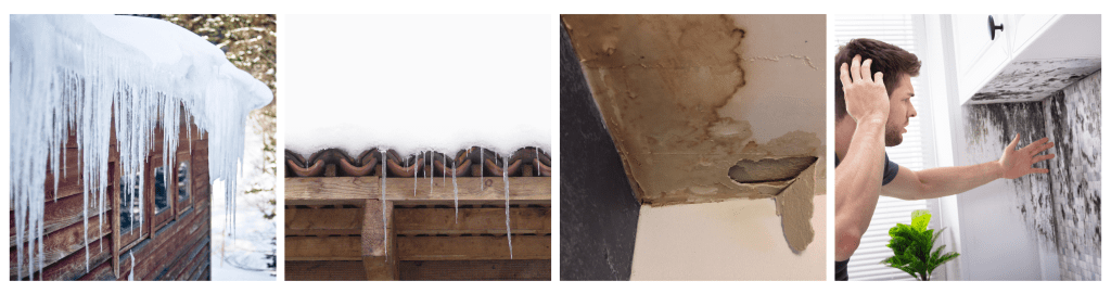 Ice dam forming on a house roof due to freezing water. 

Ice dam developing on a slate roof from cold weather and snow accumulation.

Water-damaged ceiling with visible stains from a roof leak.

Frustrated young man inspecting mold on a wall caused by ice dams.