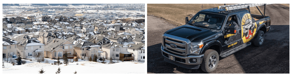 A high-angle aerial view of residential single-family homes in Alberta, covered in snow during winter.

A Guns N Hoses Roofing work truck parked at a service site, ready to provide heat line roofing services in preparation for Alberta winter, supported by skilled roofing professionals.