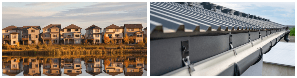 Row of homes reflected in a pond, showcasing a residential neighborhood in Calgary, Alberta. 

Metal roof gutter system with drainage components in place for efficient water flow.