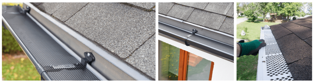 Plastic guard installed over a new dark grey plastic rain gutter on an asphalt shingle roof, featuring a white decorative plaster facade and a brown wooden window reflecting on the glass.

Roofing professional inspecting the installation of plastic leaf guards in a gutter system.