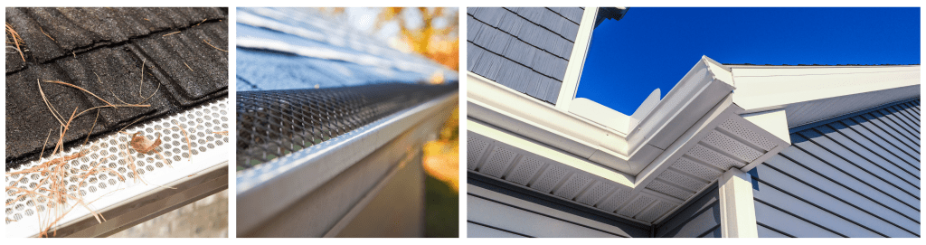 A house rain gutter with a leaf and debris shield installed to prevent clogs and eliminate the need for annual cleaning, allowing pine needles and leaves to be swept away by wind or rain. 

Plastic guard over a gutter on a roof. 

Low-angle view of soffit, gutters, downspout, and vinyl siding on a new home, with a blue sky in the background.