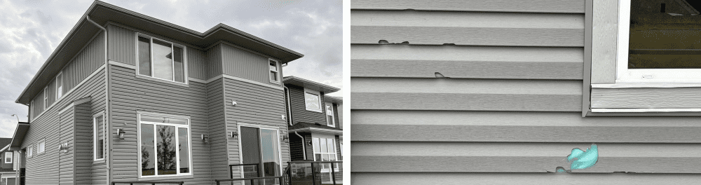 Photos of damaged siding after a hail storm in North Calgary.