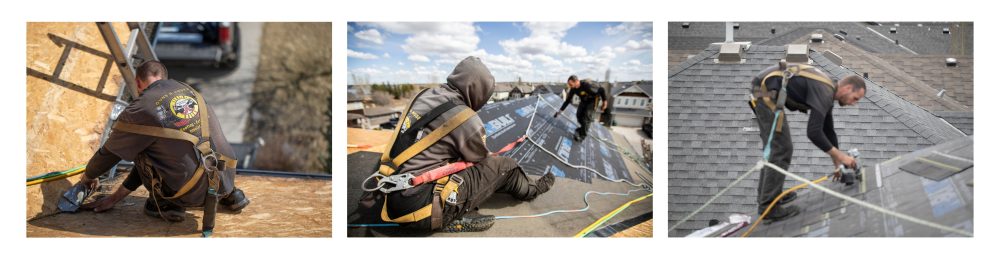 A three panel image showcasing a Guns N Hoses Roofing Crew working on the different sections of a roof.